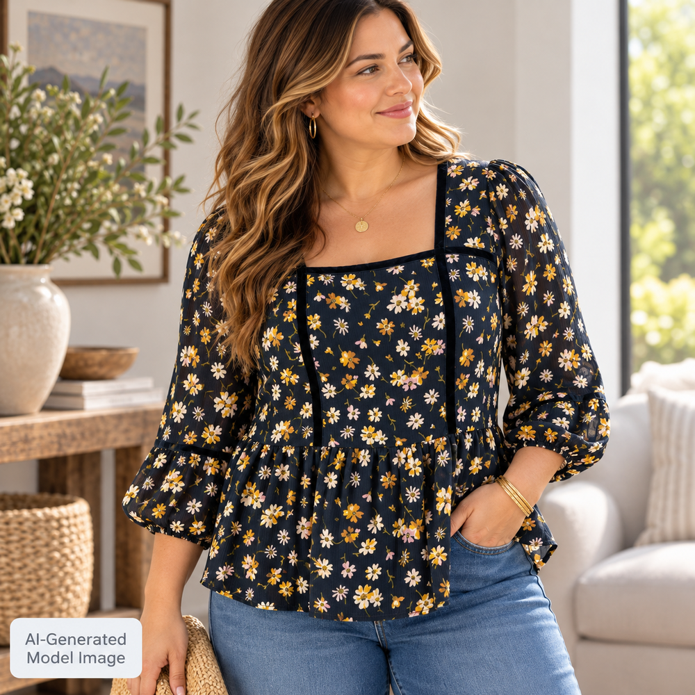 Madewell Shirt Womens Medium Blue Floral Flowy Velvet Trim Prairie Country Boho